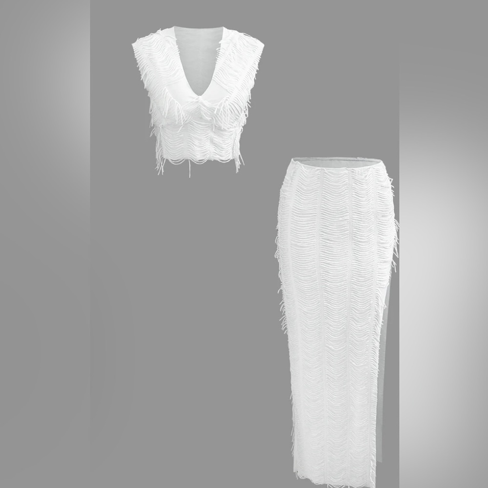 Distressed Crop Top and Slit Maxi Skirt Set
